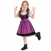 The Munich Oktoberfest Kids Girls Purple Short Sleeve Maid Dress Apron 2 Piece Set Cosplay Outfits Halloween Party Suit